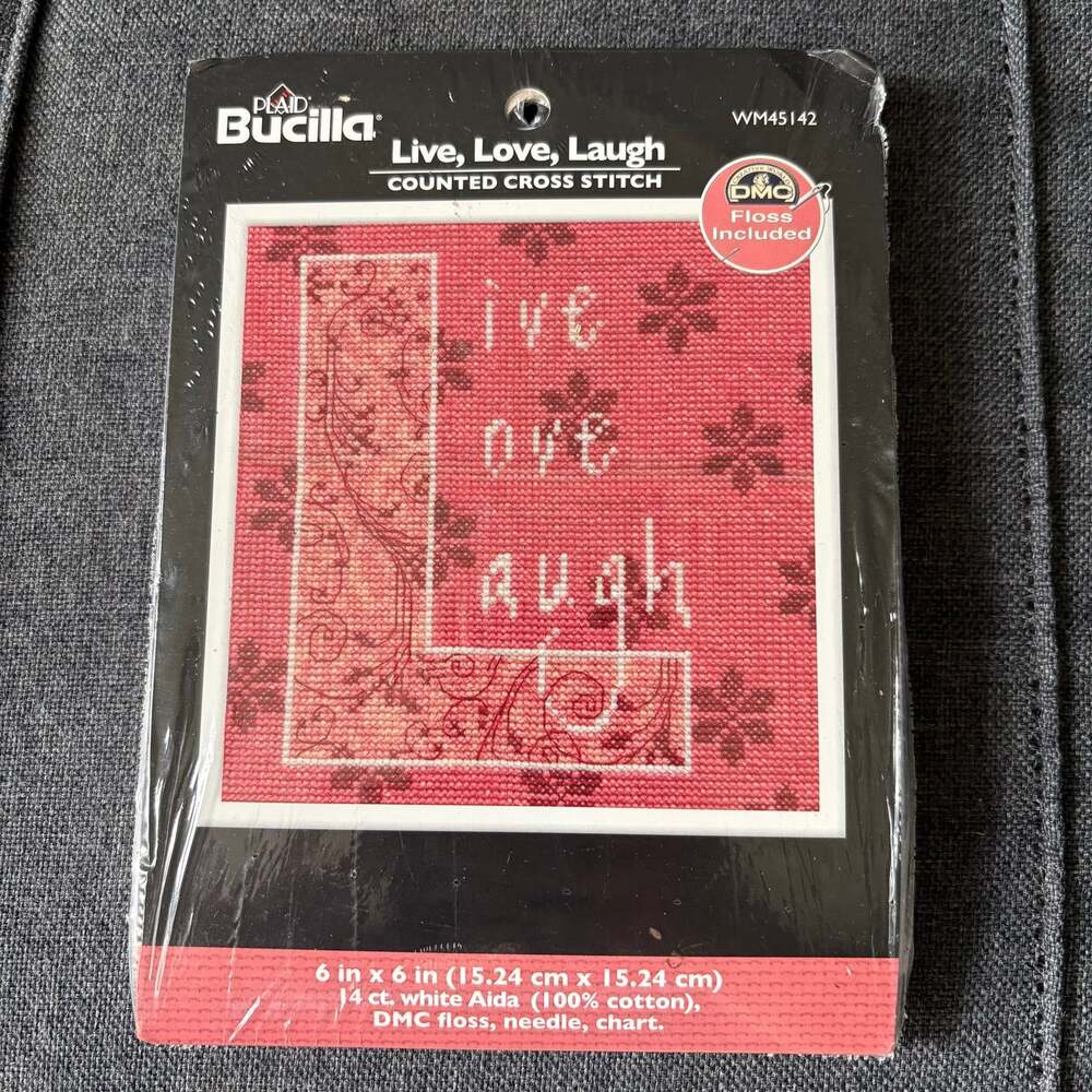 Live Laugh Love Vintage Y2k Counted Cross Stitch Kit by Plaid Bucilla - 2006